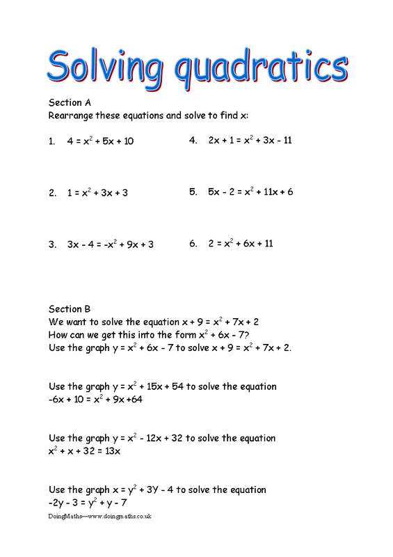Quadratic Equations Free worksheets, PowerPoints and other resources