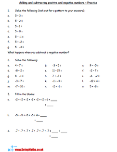 Adding and subtracting positive and negative numbers practice worksheet