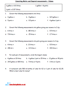 Converting metric and imperial measurements of volume free maths worksheet