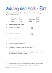 Adding decimals extension worksheet