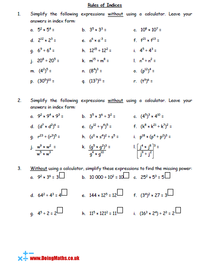 Rules of indices maths worksheet