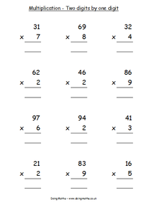 Multiplication worksheet, Two digits by one digit