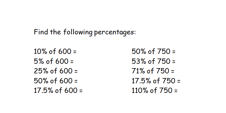 Find the following percentages worksheet