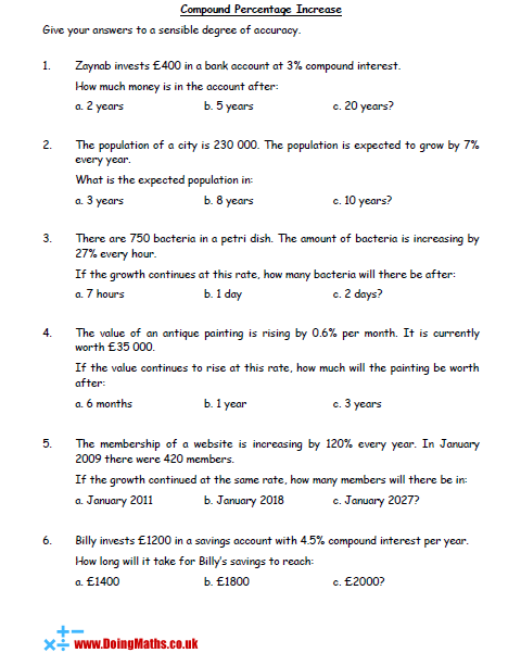 Compound Interest Worksheet Answers