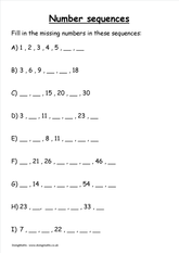 Number sequences fill in the gaps worksheet