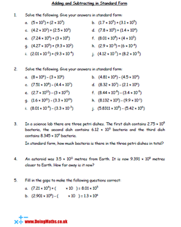 Adding and subtracting in standard form maths worksheet
