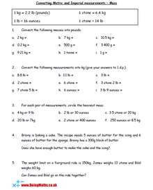Converting metric and imperial units of mass maths worksheet