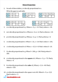 Direct Proportion - Free Maths Worksheet