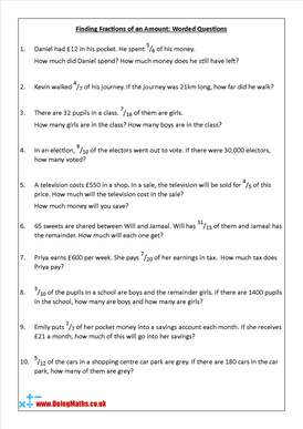 Finding fractions of an amount worded questions worksheet