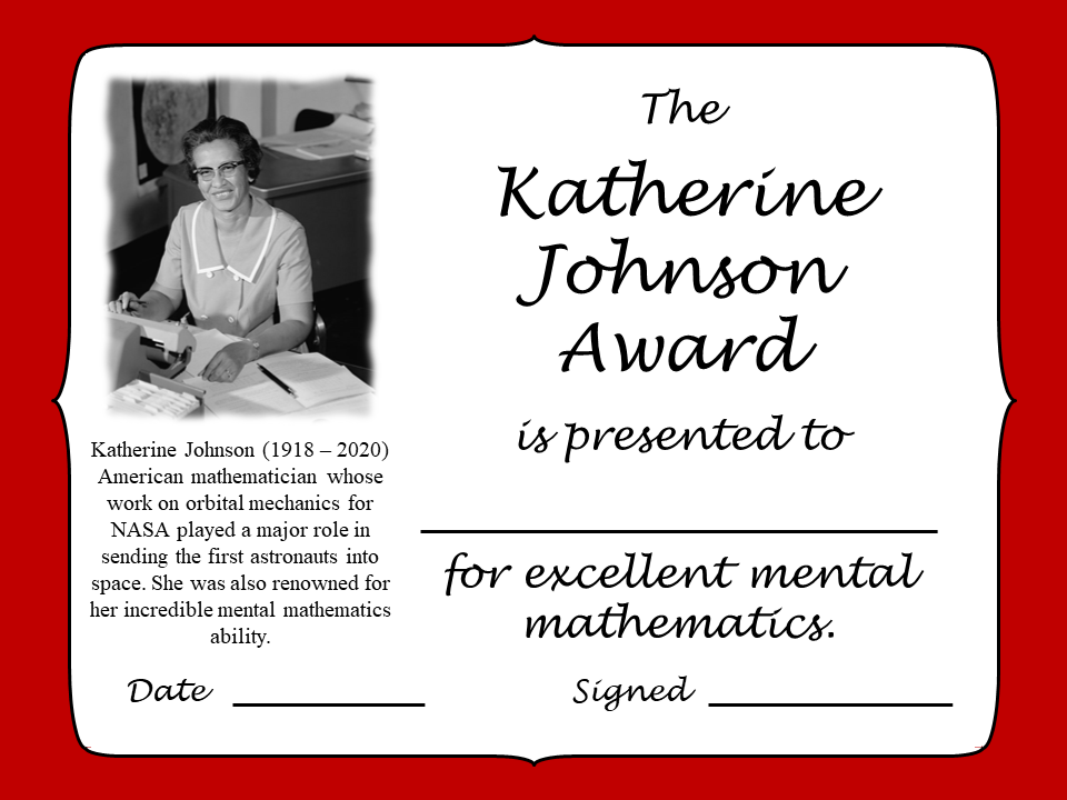 Katherine Johnson Maths Certificate for excellent mental mathematics