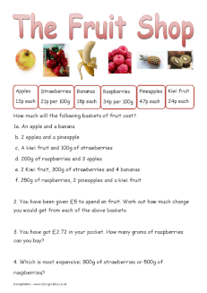 The fruit shop cost and change money worksheet