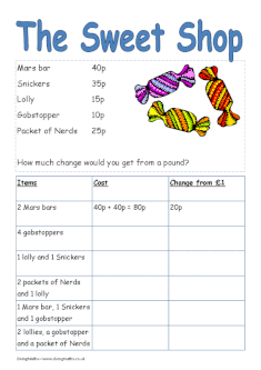 The sweet shop cost and change money worksheet