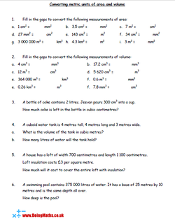 Converting metric units of area and volume free maths worksheet