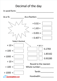 Decimal of the day maths starter worksheet