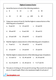 Finding factors and the highest common factor (HCF) worksheet