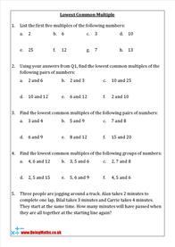 Finding multiples and the lowest common multiple (LCM) worksheet