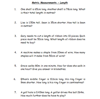 Metric measurements length worksheet
