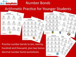 Number bonds arithmetic practice worksheets