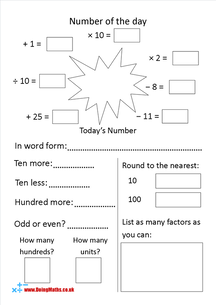 Number of the day maths starter worksheet