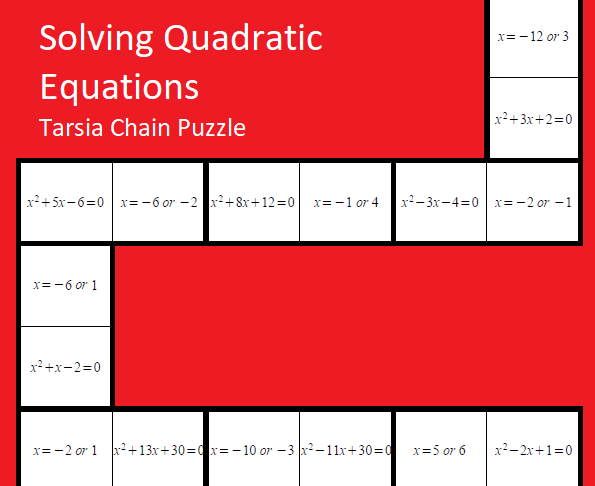 Solving quadratic equations Tarsia chain activity