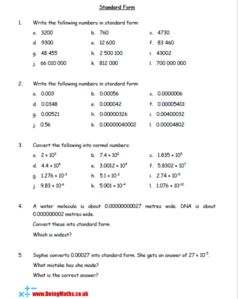 Standard form maths worksheet